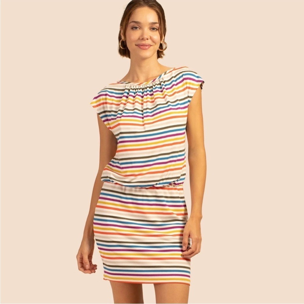 Trina Turk Sunvilla Dress Striped Multicolor Cap Sleeve Elastic Waist Size Small